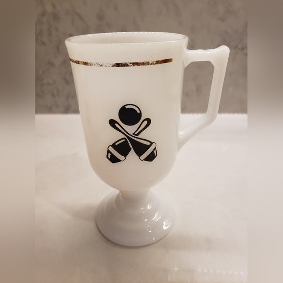 Milk Glass Pedestal Mug with D-handles and Bowling Motif with gilt banding - Picture 3 of 3
